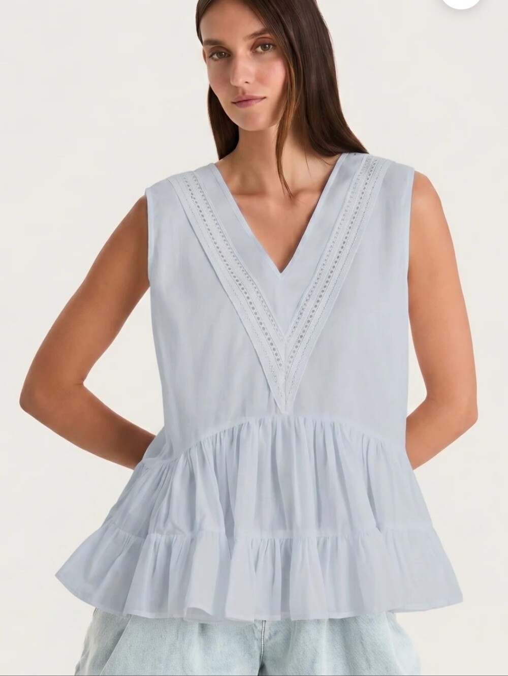 Merlette 100% Cotton Senda V-Neck Sleeveless Tiered Hem Top Skye Pale Blue Small
